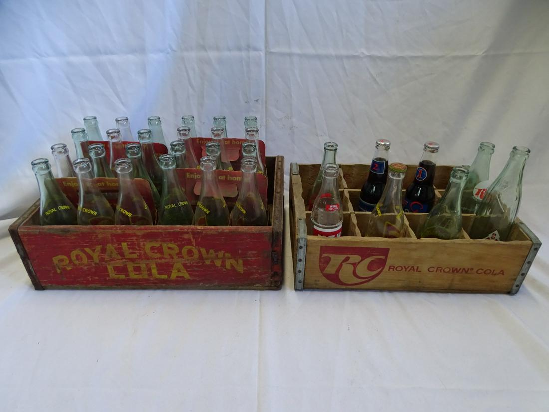 2 VINTAGE ROYAL CROWN & RC COLA SODA CRATES W/ CONTENTS (CRATES 5 1/4" X 19" X 12 1/4") (1 of 13)