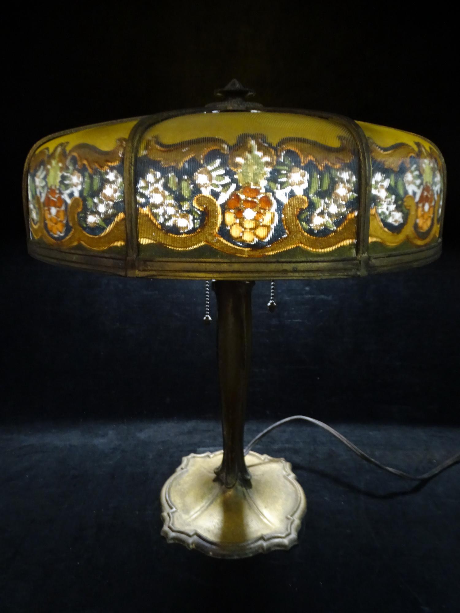 BRADLEY AND HUBBARD REVERCE PAINTED 8 PANEL TABLE  LAMP 21''HX16''DIA. 2 PANELS ASIS (1 of 11)