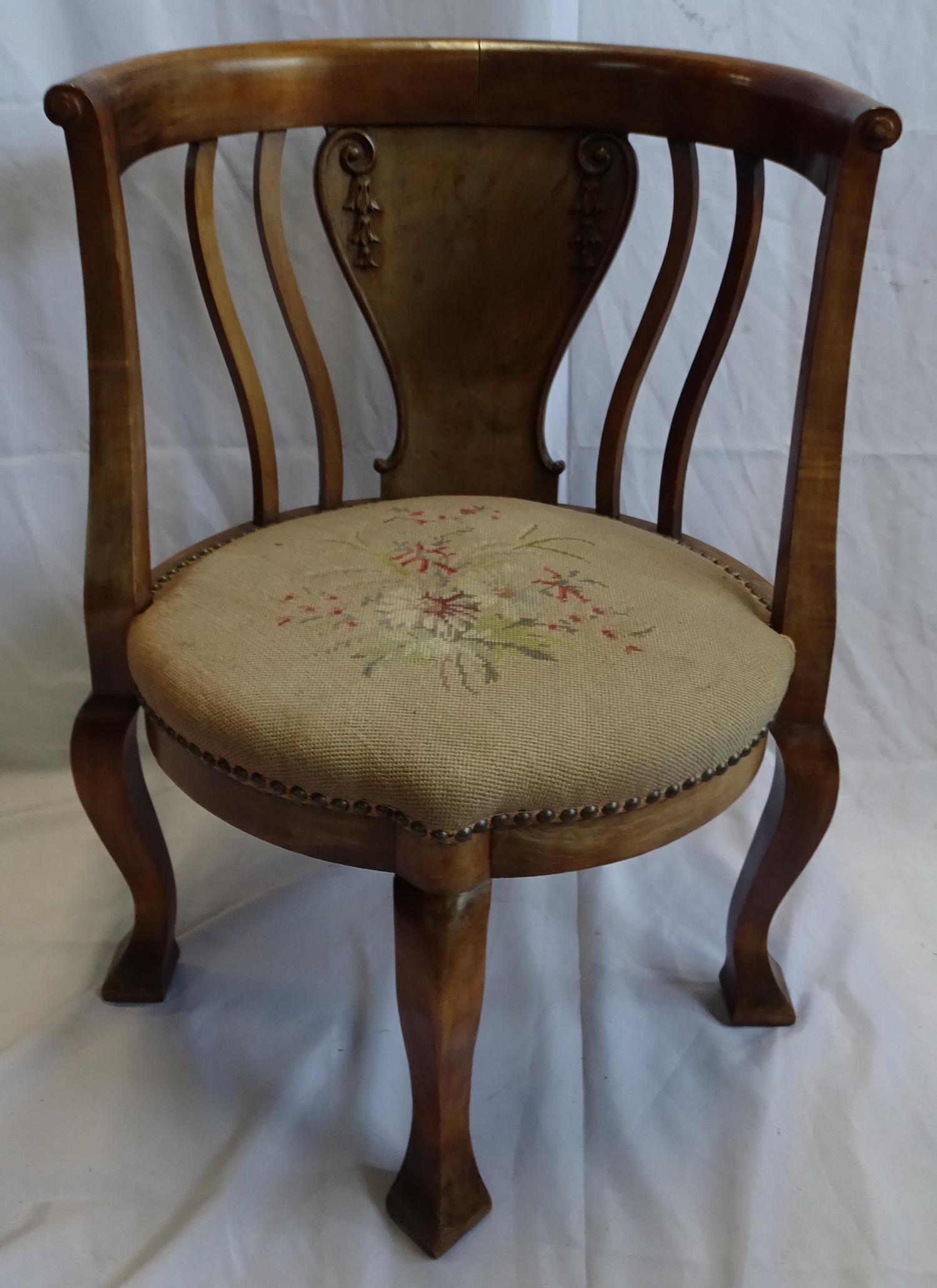 1920 WALNUT CORNER CHAIR W/ NEEDLEPOINT SEAT 30X23X22: 1920 WALNUT CORNER CHAIR W/ NEEDLEPOINT SEAT 30X23X22