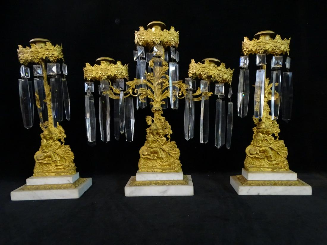 DIETZ BROS. C 1850S BRASS MARBLE AND CRYSTAL GIRONDOLES 17 X 14.5 X 3.75: DIETZ BROS. C 1850S BRASS MARBLE AND CRYSTAL GIRONDOLES 17 X 14.5 X 3.75