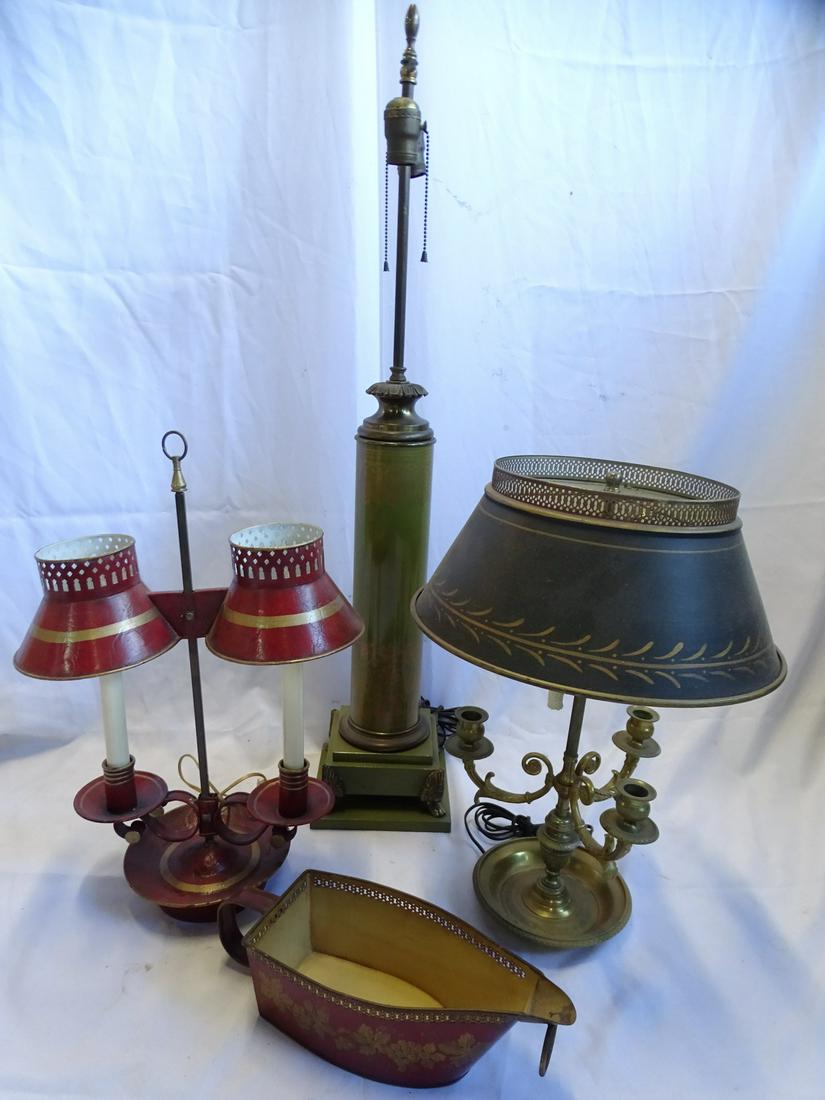 LOT OF TOLE LAMPS AND WINE CADDY: LOT OF TOLE LAMPS AND WINE CADDY