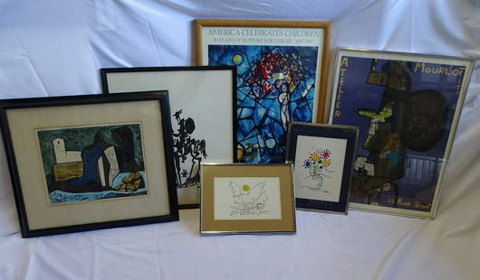 LOT OF 3 LITHOGRAPHIC POSTERS, MARC CHAGALL, IRVING AMAN, MAURICE ESTEVE 28 X 21 LARGEST AND THREE: LOT OF 3 LITHOGRAPHIC POSTERS, MARC CHAGALL, IRVING AMAN, MAURICE ESTEVE 28 X 21 LARGEST AND THREE PICASSO PRINTS (M-UNSORTED)