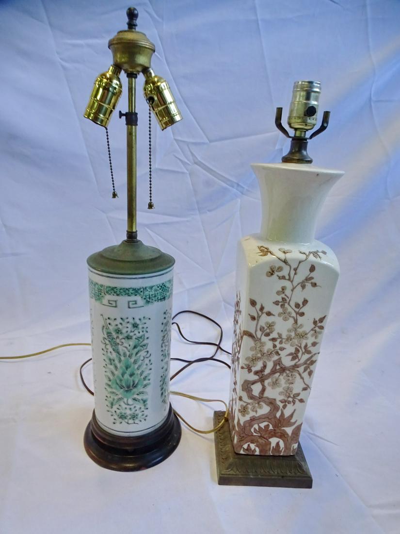 TWO ASIAN MOTIF LAMPS, ONE W CHERRY BLOSSOMS AND ONE W GREEN MOTIF, 21.5" HIGH LARGEST (1 of 13)