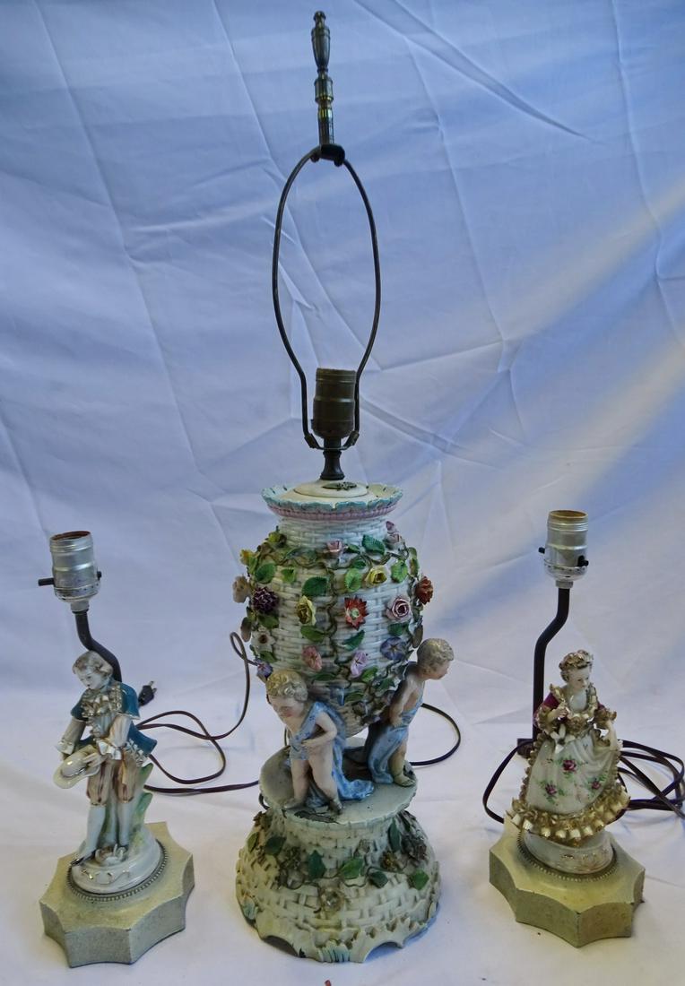 TRIO OF FIGURAL LAMPS, ONE WITH BASKETWEAVE AND FLOWERS (SOME LOSSES), 18.5" TALLEST: TRIO OF FIGURAL LAMPS, ONE WITH BASKETWEAVE AND FLOWERS (SOME LOSSES), 18.5" TALLEST