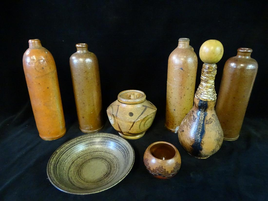 ANTIQUE POTTERY BEER BOTTLES WITH MARKS, WITH FOUR OTHER POTTERY PIECES, 12.75" TALLEST (1 of 18)