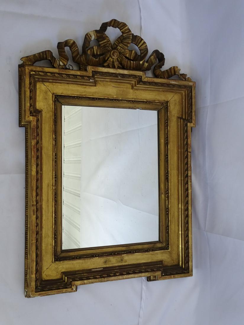 BOW TOP WOOD AND GESSO MIRROR, SOME LOSSES, 27 X 17.25 OVERALL: BOW TOP WOOD MIRROR AND GESSO, SOME LOSSES, 27 X 17.25 OVERALL