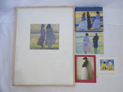 RICHARD SEGALMAN SIGNED WATERCOLOR WITH FOUR BOOKS, 10.5 X 11.75 IMAGE, 32.5 X 25 OVERALL: RICHARD SEGALMAN SIGNED WATERCOLOR WITH FOUR BOOKS, 10.5 X 11.75 IMAGE, 32.5 X 25 OVERALL