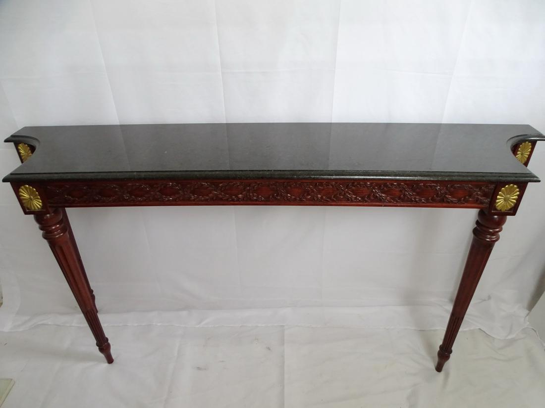 ITALIAN MAHOGANY MARBLE TOPPED CARVED GILT DECORATED CONSOLE 32.25 X 65.5 X 14.25: ITALIAN MAHOGANY MARBLE TOPPED CARVED GILT DECORATED CONSOLE 32.25 X 65.5 X 14.25