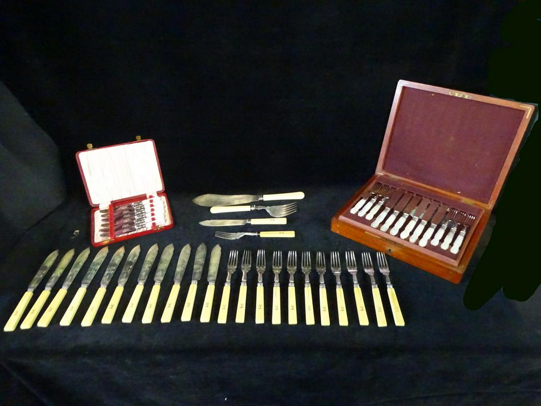 THREE PARTIAL SETS OF SHEFFIELD SILVERPLATE, TWO SETS WITH MOTHER OF PEARL HANDLES (18 PCS. TOTAL), (1 of 20)