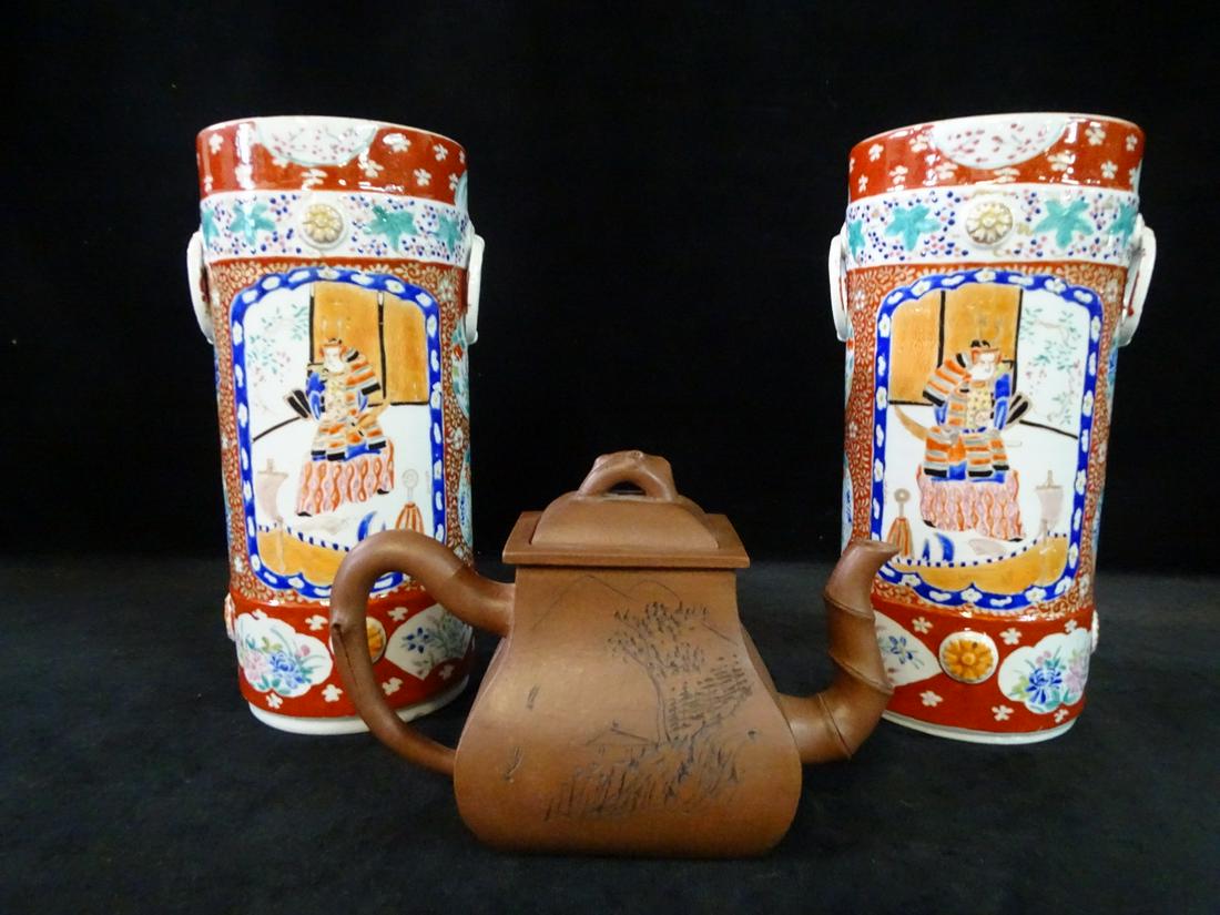 PAIR OF CHINESE BRUSH POTS AND JAPANESE REDWARE TEAPOT WITH ENGRAVING 10" TALLEST (1 of 9)