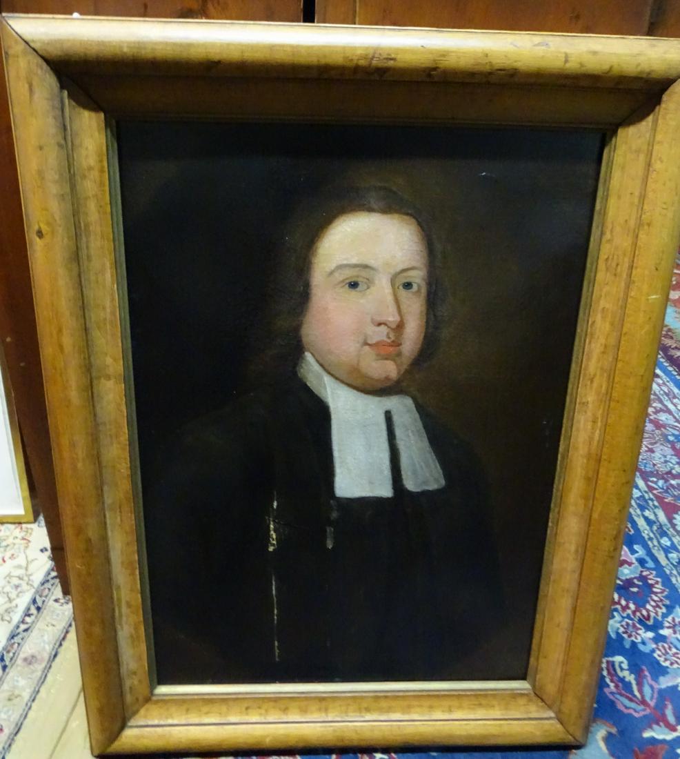18C/19C AMERICAN SCHOOL, PORTRAIT OF A GENTLEMAN, ALL OVER CRAZING, 27.5 X 19 IMAGE, 36 X 26 OVERALL: 18C/19C AMERICAN SCHOOL, PORTRAIT OF A GENTLEMAN, ALL OVER CRAZING, 27.5 X 19 IMAGE, 36 X 26 OVERALLNOTE: DAMAGED DURING PREVIEW--HAS TEAR AND LARGE SCRATCH ON CANVAS.