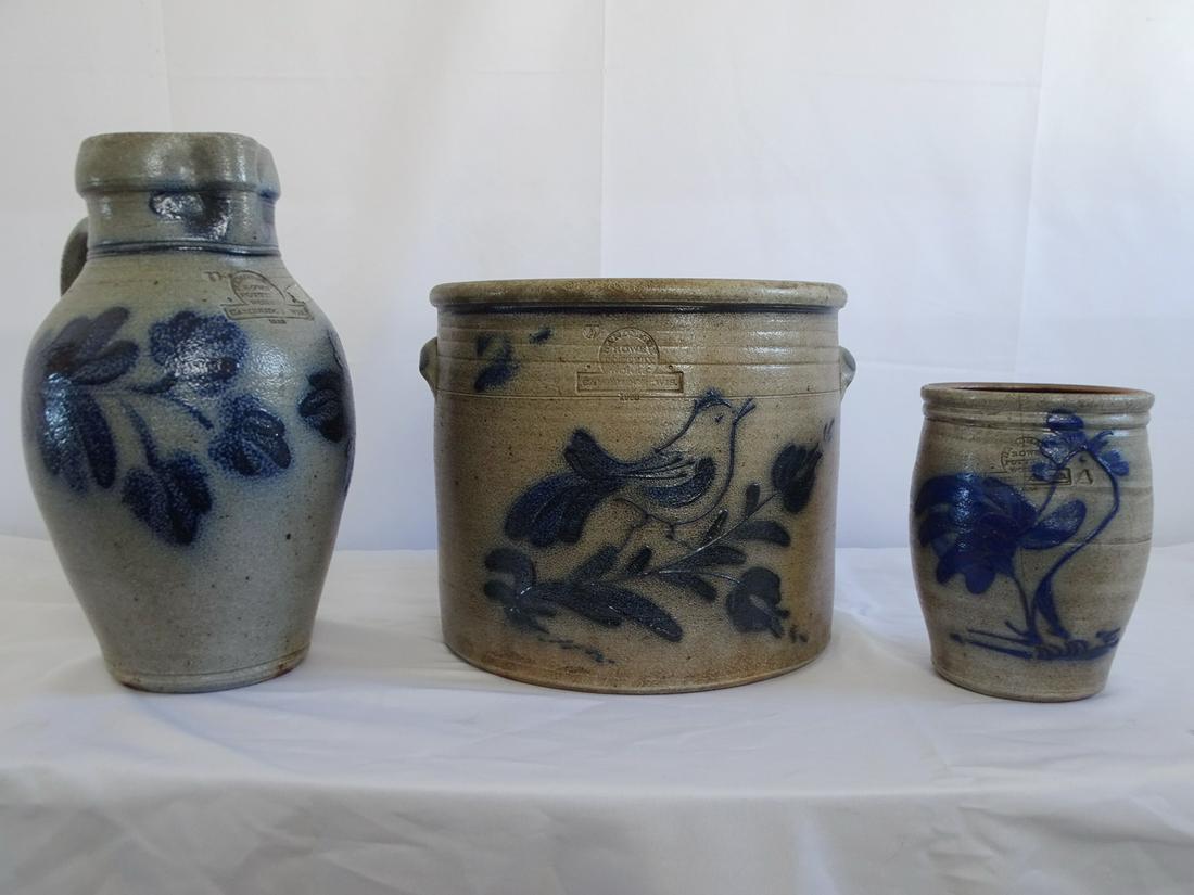 THREE SALT GLAZE POTTERY PIECES WITH BLUE BIRD, FLOWER, AND ROOSTER DECORATION, 12" TALLEST (1 of 13)