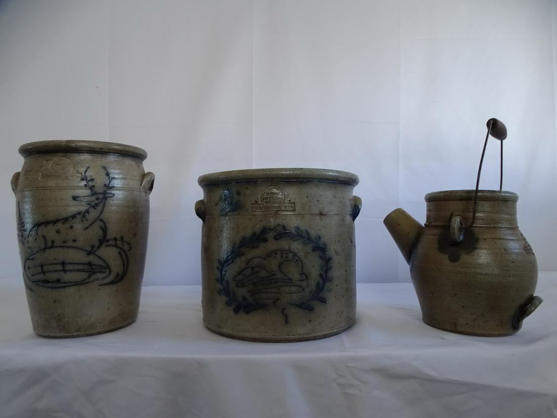 THREE SALT GLAZE POTTERY PIECES WITH BLUE DECORATION, INC.. STAG, 11"TALLEST (1 of 14)