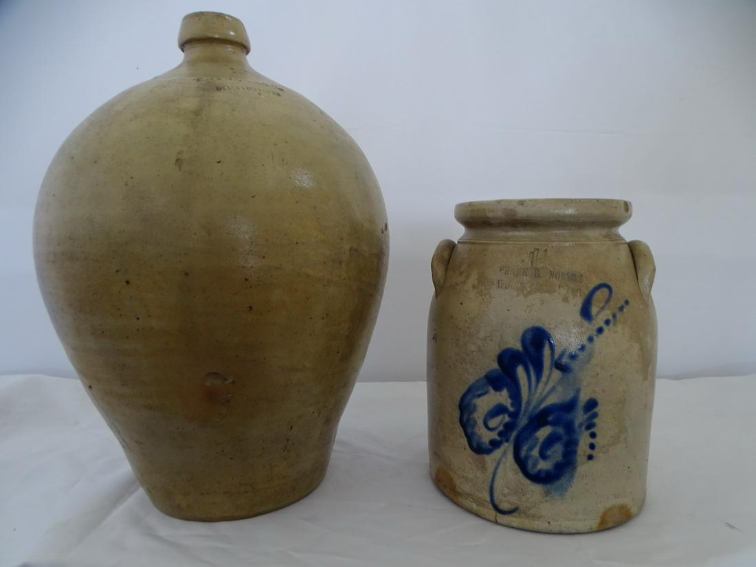 T. SABLES, MEDFORD JUG AND FRANK B. NORTON, MASS CROCK 18" TALLEST: T. SABLES, MEDFORD JUG AND FRANK B. NORTON, MASS CROCK 18" TALLEST