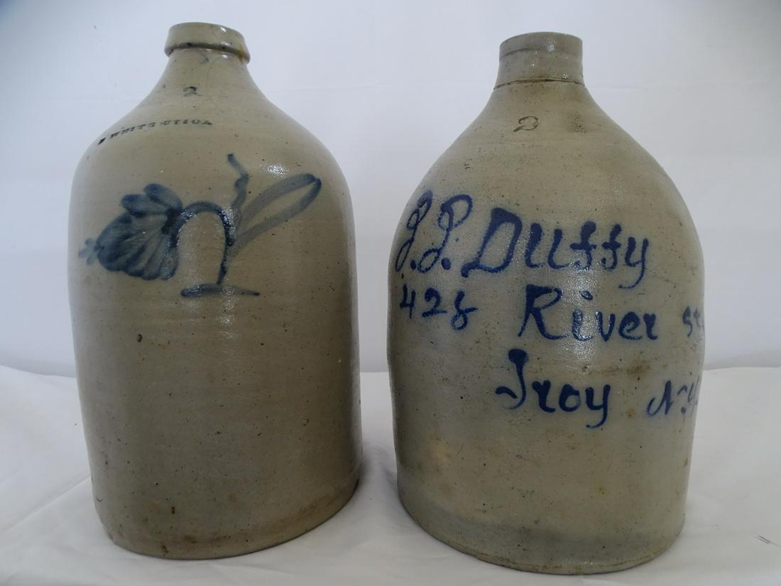 J. DUFFY, TROY, NY, AND N. WHITE, UTICA, NY STONEWARE LIQUOR JUG, 14.5" TALLEST (1 of 11)