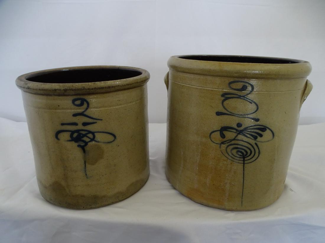 TWO SALT GLAZE POTTERY WITH BLUE ABSTRACT DECORATION, 10.25" TALLEST (1 of 7)