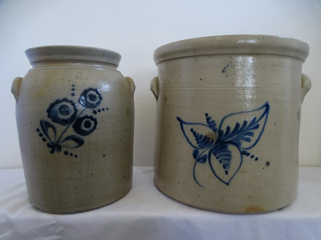 TWO SALT GLAZE POTTERY CROCKS WITH BLUE FLORAL DECORATION 11" TALLEST (1 of 17)