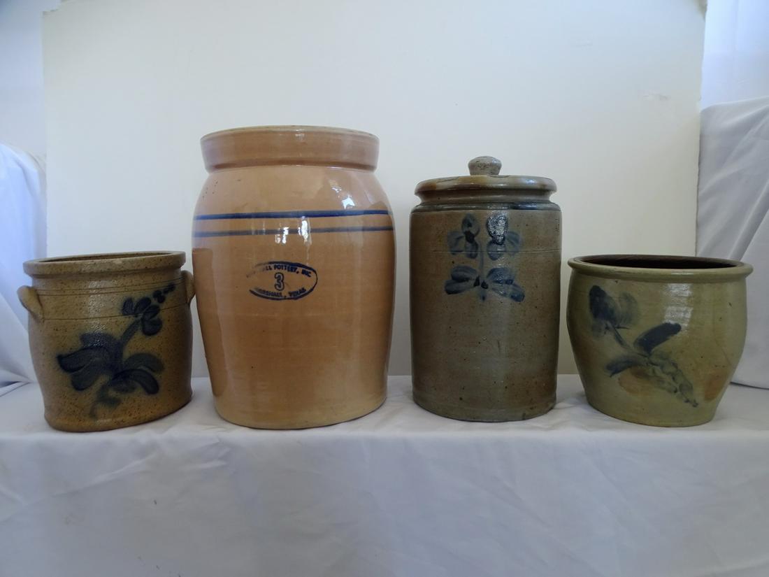 FOUR STONEWARE CROCKS INC.. ONE BUTTER CHURNER 13.5" TALLEST (1 of 19)