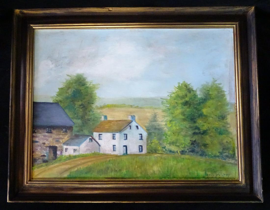 ELLEN GARRIS CLANCY, FOLK ART, BUCKS COUNTY FARM SCENE, 1964, ACRYLIC ON CANVAS BOARD, 17.75 X 23.25: ELLEN GARRIS CLANCY, FOLK ART, BUCKS COUNTY FARM SCENE, 1964, ACRYLIC ON CANVAS BOARD, 17.75 X 23.25 IMAGE, 22 X 27.75 OVERALL
