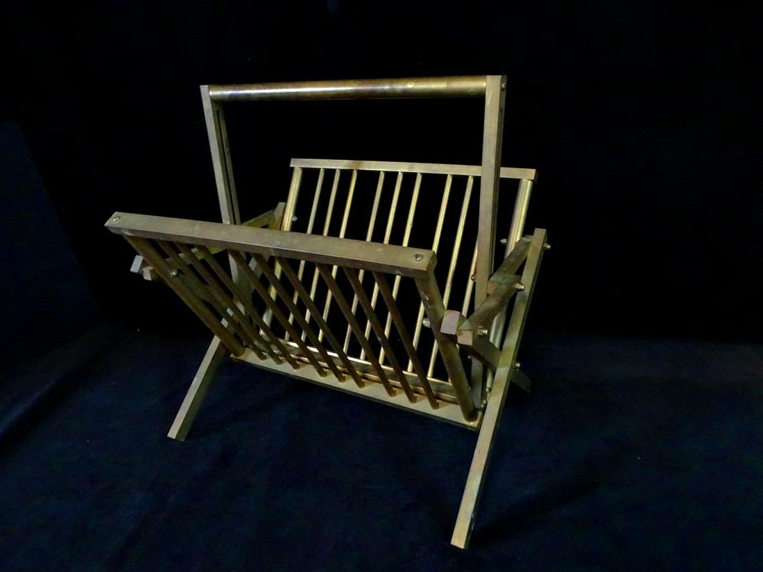 BRASS MIDCENTURY MAGAZINE HOLDER, MASTERCRAFT STYLE 16" x 16.5" x 13" (1 of 6)