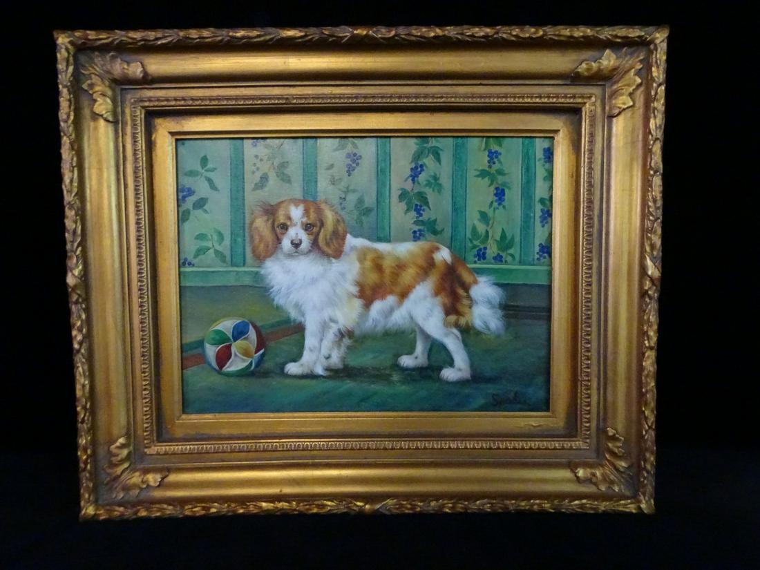 OIL ON CANVAS KING CHARLES CAVALIER BROWN AND WHITE SIGN. SPADIA IN ORNATE GILT FRAME IMAGE 11.5" x: OIL ON CANVAS KING CHARLES CAVALIER BROWN AND WHITE SIGN. SPADIA IN ORNATE GILT FRAME IMAGE 11.5" x 16" , 19.25" x 23" OVERALL