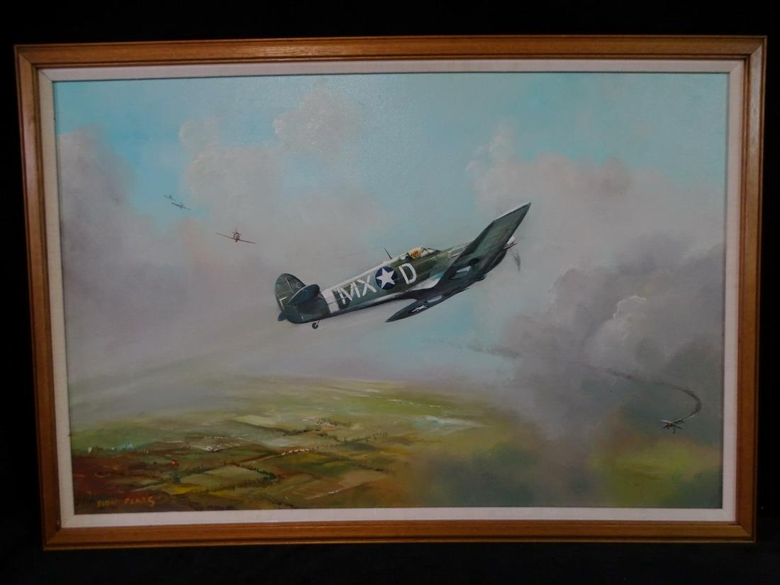 AMERICAN WW2 O/C SPITFIRE FIGHTER PLANE W/ LANDSCAPE 27" x 38" OVERALL (1 of 9)