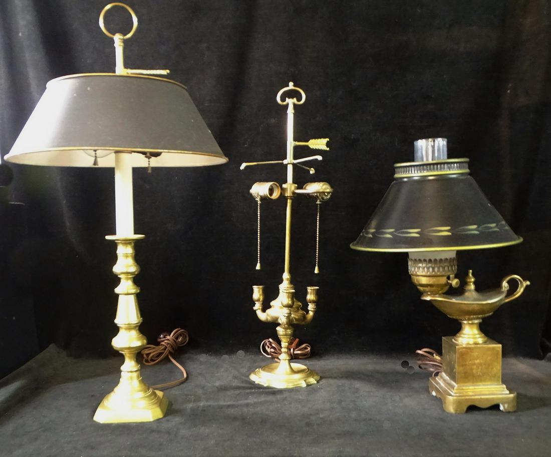 3 ANTIQUE BRASS LAMPS 2/TOLE SHADES 26'' TALLEST (1 of 8)