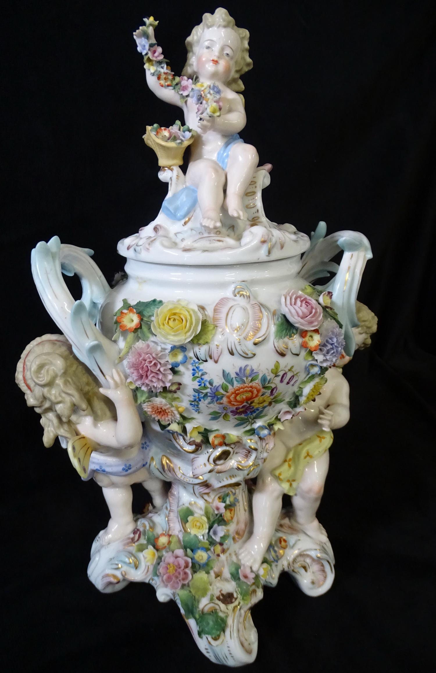 GERMAN PORCELAIN COVERED FIGURAL URN 15.5" X 9.5" X 7" (1 of 9)