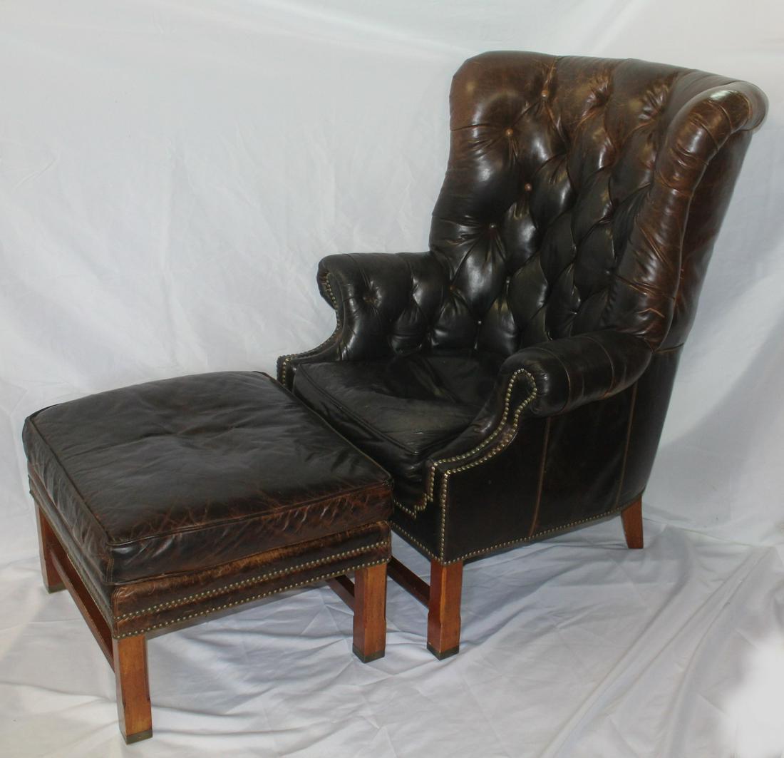 CHIPPENDALE STYLE. VINTAGE LEATHER WING CHAIR AND OTTOMAN 47X35X35: CHIPPENDALE STYLE. VINTAGE LEATHER WING CHAIR AND OTTOMAN 47X35X35