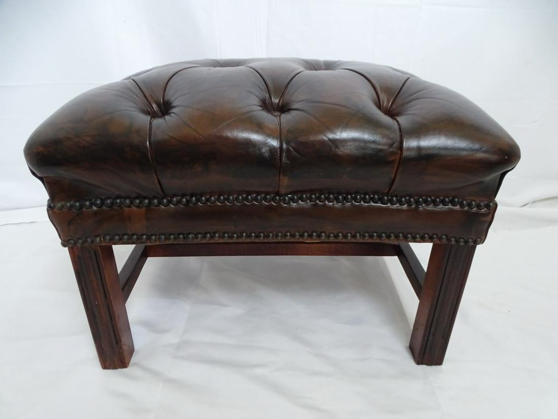 CHIPPENDALE STYLE. LEATHER UPHOL. OTTOMAN 16X23X18: CHIPPENDALE STYLE. LEATHER UPHOL. OTTOMAN 16X23X18