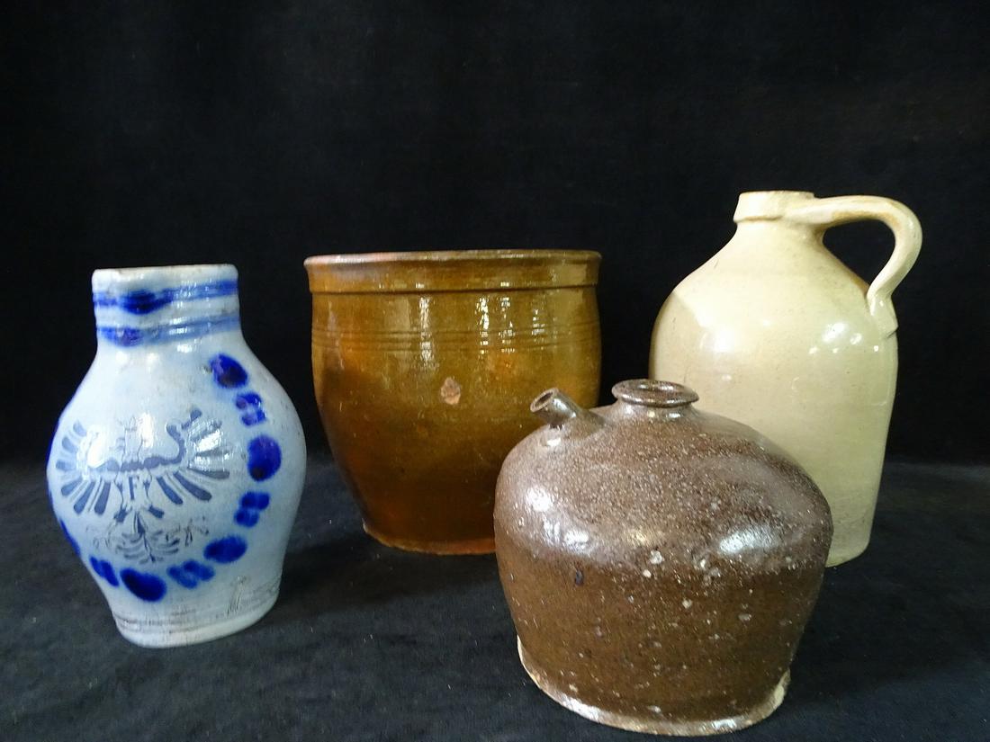 FOUR PIECES ANTIQUE POTTERY INC.. SALT GLAZED, REDWARE, BROWN JUG, TAN JUG, 9.5"H TALLEST (1 of 16)