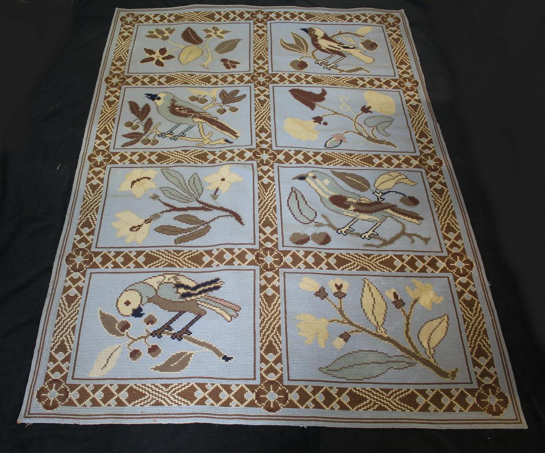 BIRD MOTIF STARK CARPET IN BLUES AND BROWNS 5X7.1: BIRD MOTIF STARK CARPET IN BLUES AND BROWNS 5X7.1