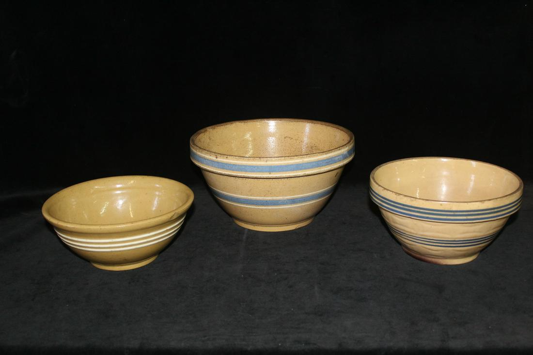 LOT OF THREE YELLOWARE BOWLS WITH WHITE AND BLUE STRIPES 5.5"H X 10.5"DIA.. (1 of 7)