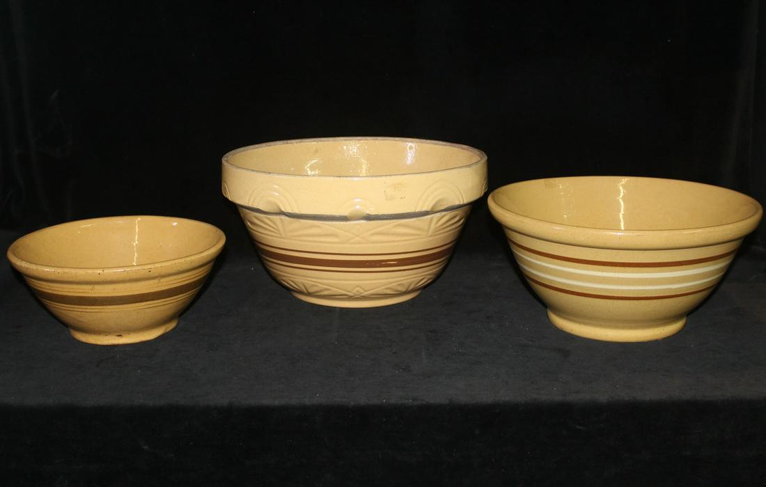 LOT OF THREE YELLOWARE BOWLS WITH BROWN STRIPES 7.5"H X 14"DIA. (1 of 8)