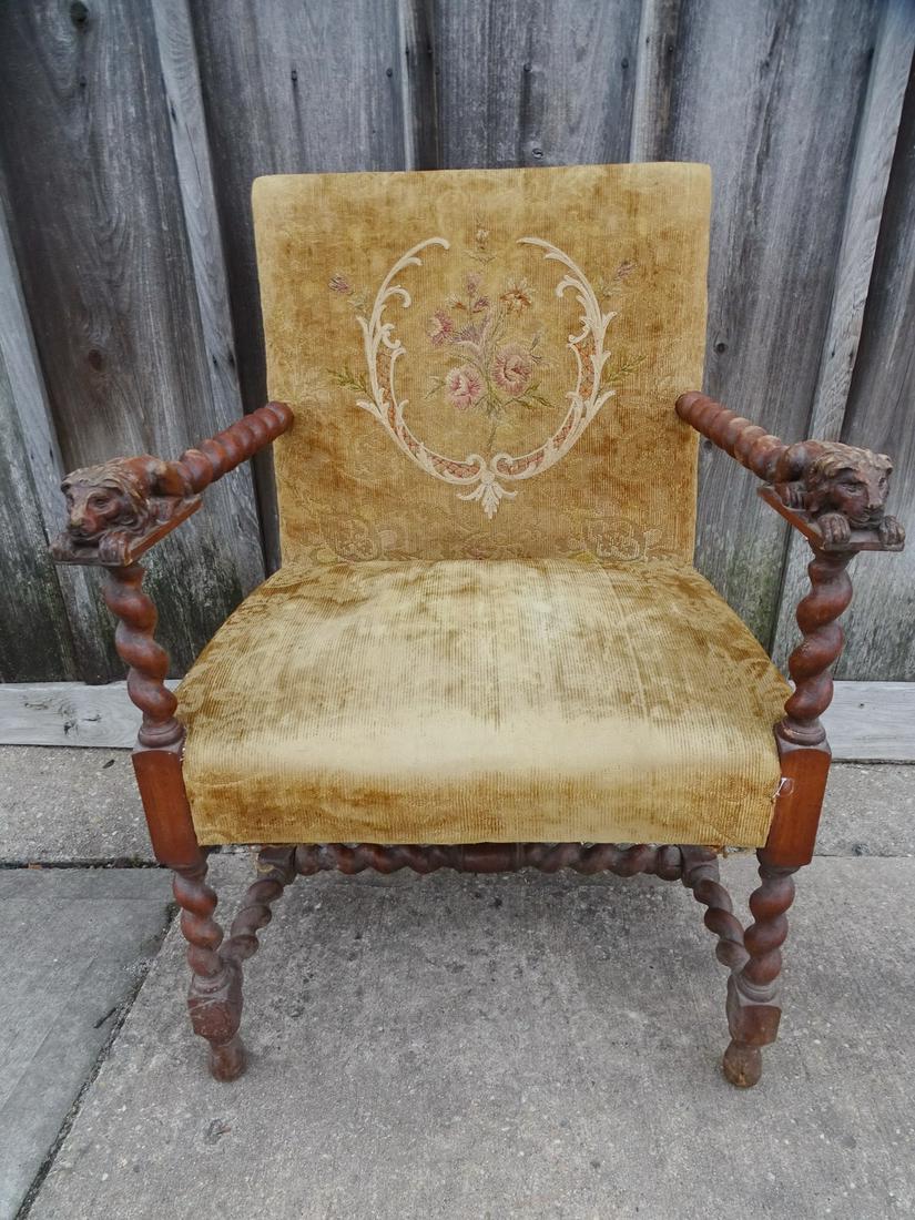 LATE 19C LION FIGURAL BARLEY TWIST OPEN ARM CHAIR 36.5 X 26 X 23.5 (1 of 11)