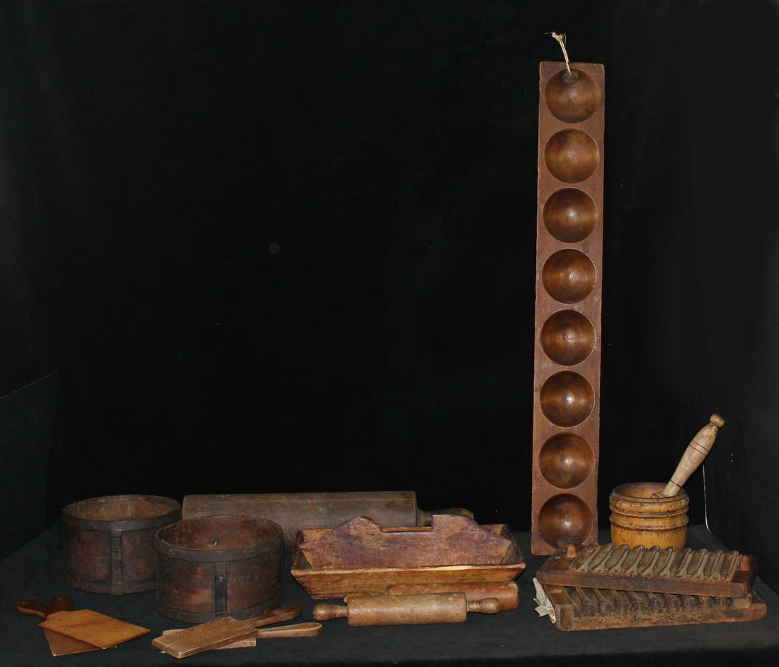 LOT OF WOODEN KITCHEN ITEMS, INC.. CHEESE MOLDS AND BUTTER PADDLES 32" TALLEST (1 of 6)