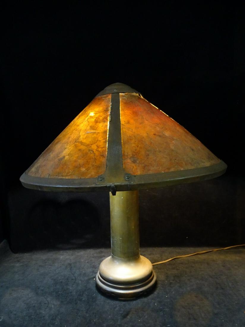 MICA SHADE AND LAMP ATTRIBUTED TO LILLIAN PALMER, C1905, SAN FRANCISCO, 23"H, SHADE 24"  DIA.. (1 of 16)