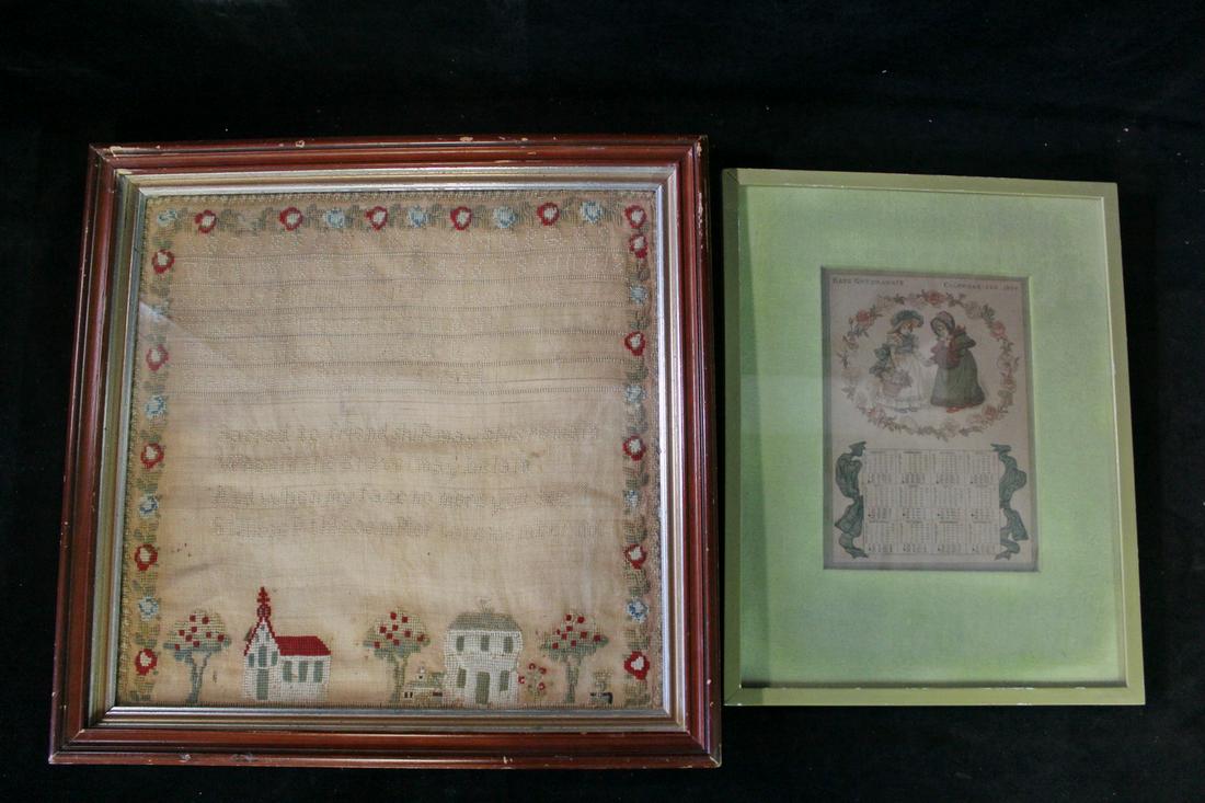KATE GREENAWAY CALENDAR FOR 1884 AND SAMPLER BY PORLA S. NORTON, 1844, 19 X 19 LARGEST: KATE GREENAWAY CALENDAR FOR 1884 AND SAMPLER BY PORLA S. NORTON, 1844, 19 X 19 LARGEST
