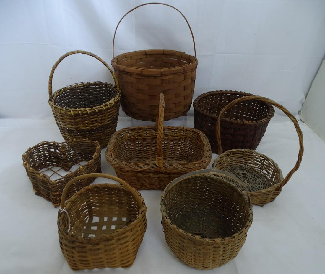 GROUP OF 8 VINTAGE BASKETS 6X12''DIA.. LARGEST: GROUP OF 8 VINTAGE BASKETS 6X12''DIA.. LARGEST