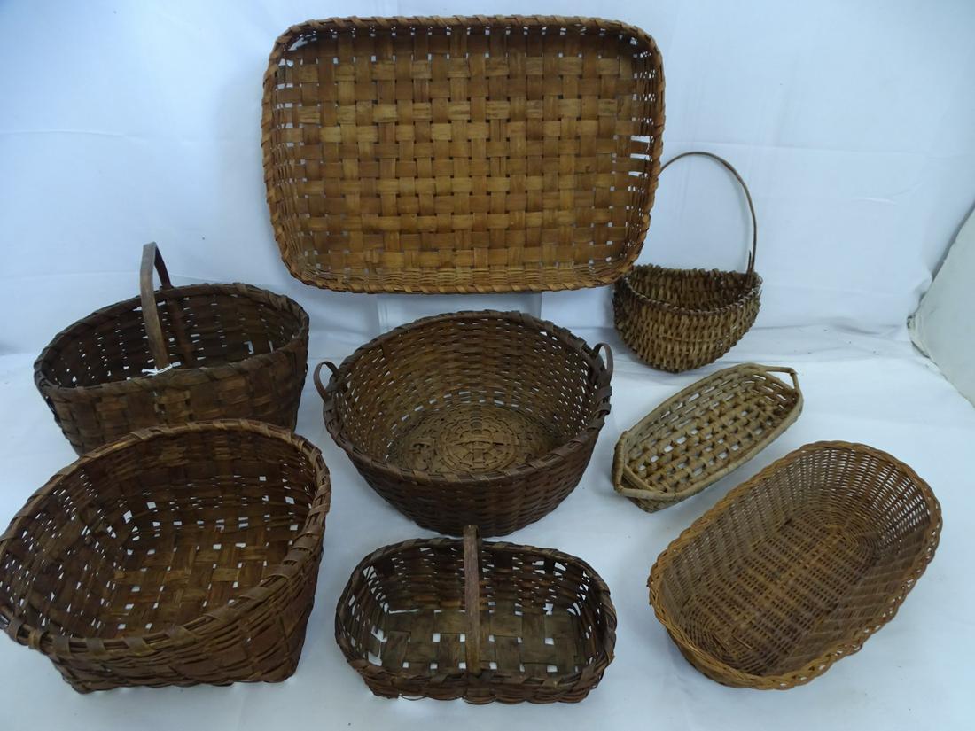 GROUP OF 10 VINTAGE BASKETS 2.5 X 13.5 X 20 LARGEST: GROUP OF 10 VINTAGE BASKETS 2.5 X 13.5 X 20 LARGEST