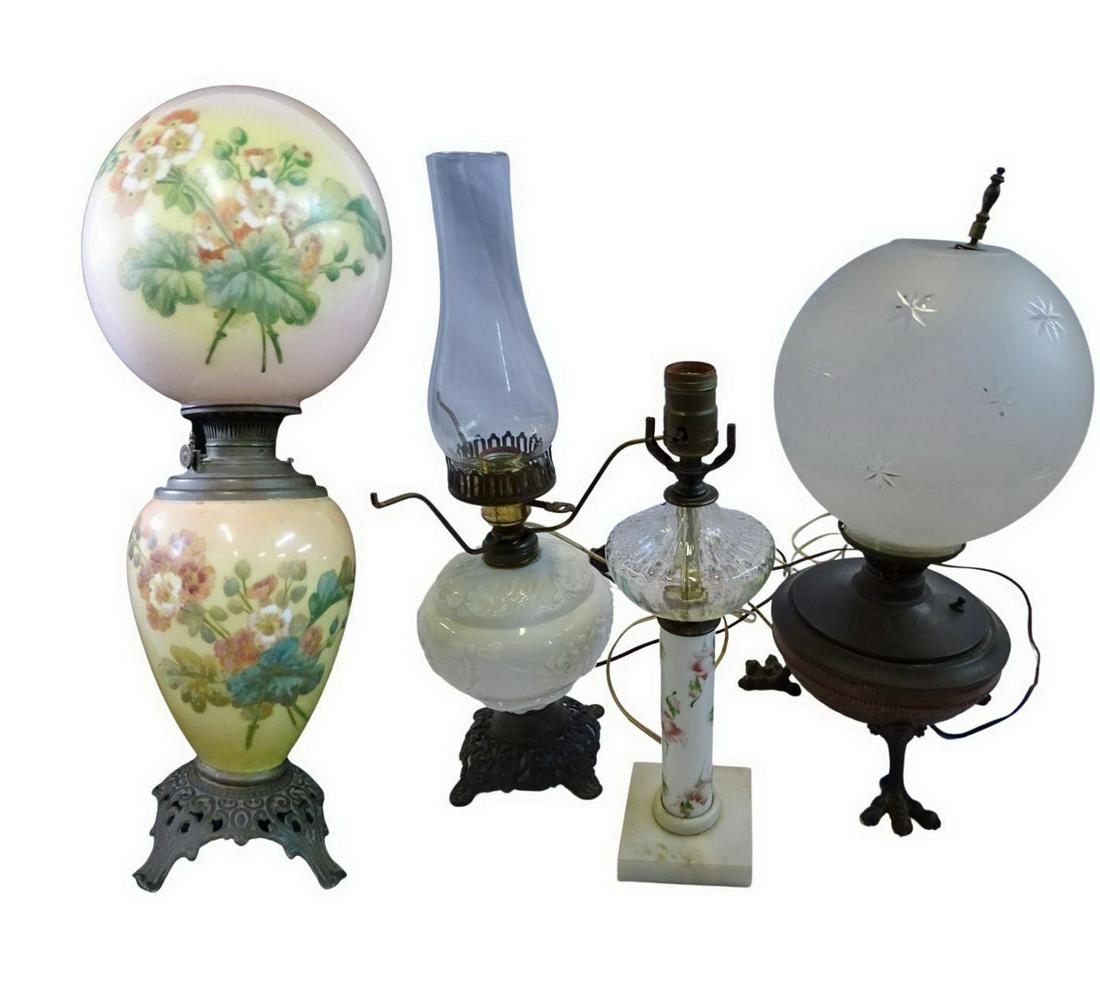 "GONE WITH THE WIND" LAMP, 24.5"H AND TRIO OF CONVERTED OIL LAMPS, 21" TALLEST: "GONE WITH THE WIND" LAMP, 24.5"H AND TRIO OF CONVERTED OIL LAMPS, 21" TALLEST