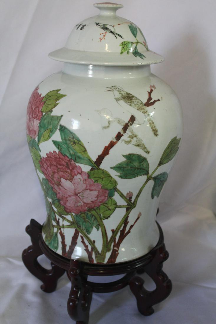 BIRD AND FLOWER MOTIF COVERED GINGER JAR 16" HIGH) ON TEAKWOOD BASE (1 of 8)