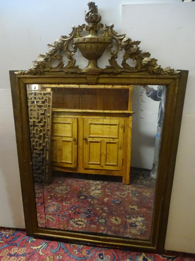 ANTIQUE MIRROR WITH URN FIGURAL CROWN 57 X 38.5: ANTIQUE MIRROR WITH URN FIGURAL CROWN 57 X 38.5