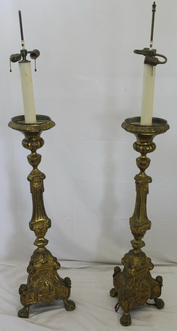 PAIR OF LARGE ORNATE BRASS PRICKET STICK FLOOR LAMPS, 58" HIGH, ONE MISSING FINIAL (1 of 11)