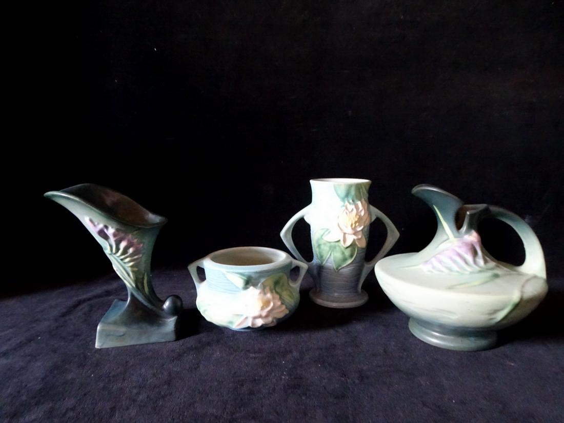 FOUR PIECES OF ROSEVILLE, GREEN, INC. FREESIA AND WATERLILY, INC.. EWER, 6.5" TALLEST (1 of 11)