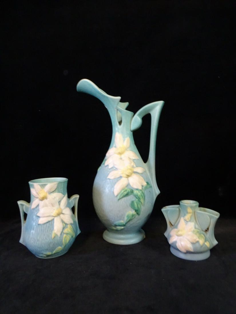 THREE PIECES OF ROSEVILLE, BLUE, CLEMATIS, INC.. LARGE EWER, 15" TALL EWER (REPAIRS AND CONDITION (1 of 15)