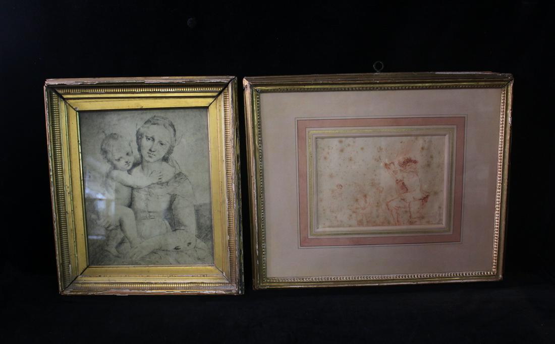 TWO GILT FRAMED WORKS, OLD MASTER PRINT "MOTHER AND CHILD", SANQUIN PRINT "MUSICIAN" 16 X 19 LARGEST (1 of 15)