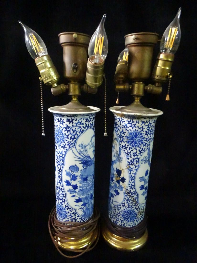 PAIR OF ASIAN BLUE AND WHITE CYLINDER LAMPS 19"H: PAIR OF ASIAN BLUE AND WHITE CYLINDER LAMPS 19"H
