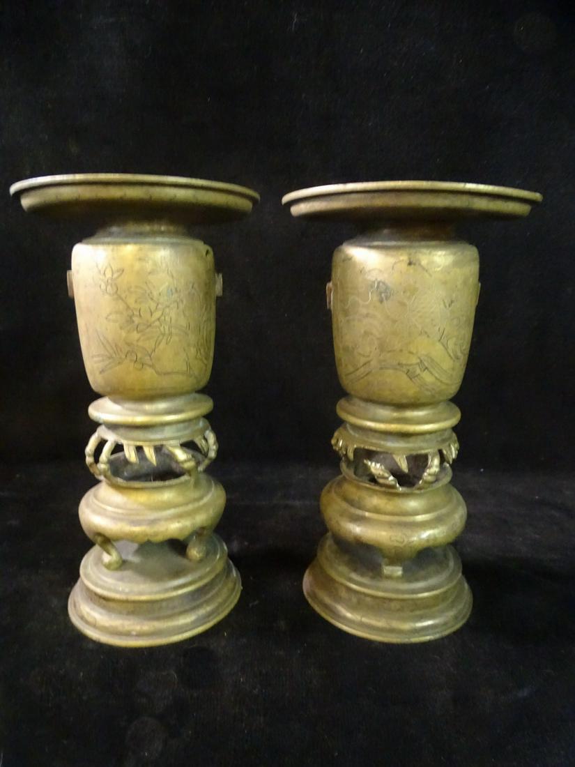 PAIR BRONZE ASIAN CANDLESTICKS 7 1/4" HIGH (1 of 8)