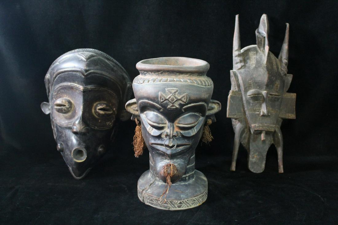 OCEANIC TRIBAL HEAD FIGURAL VESSEL & 2 AFRICAN TRIBAL MASKS BAULE AND IVORY COAST? (VESSEL 12 1/2" (1 of 18)